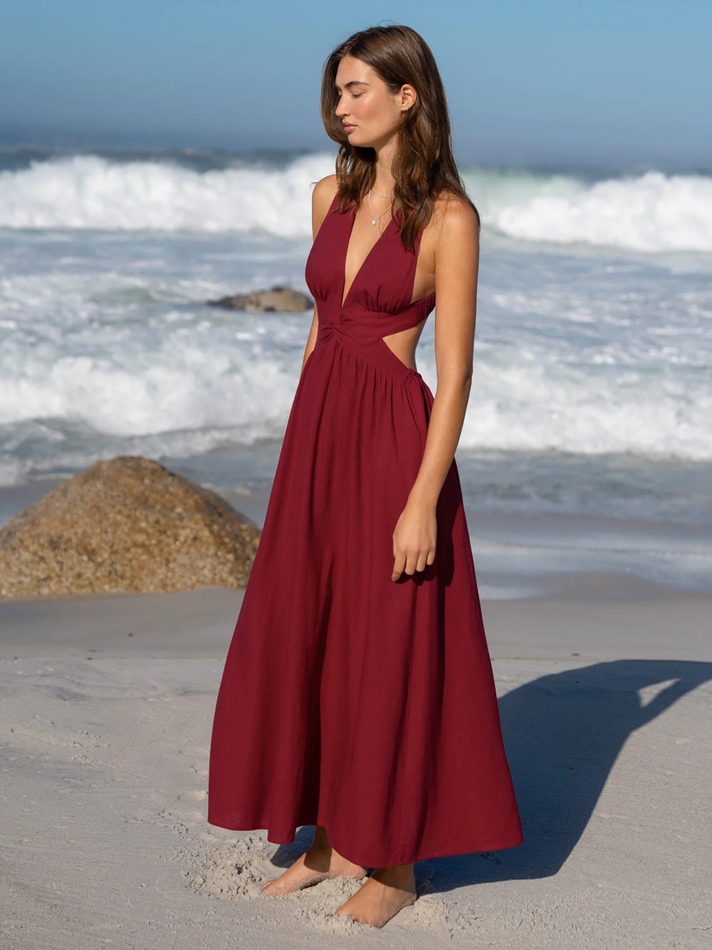 Berlook Wine Red V Neck Plaeted Beach Dress